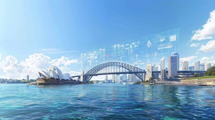 Naklejka premium Sydney harbour bridge in smart city concept integrating digital networks and infrastructure