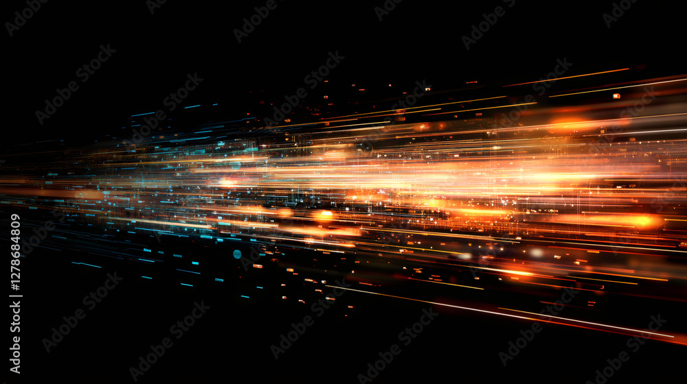 Poster Digital data stream rushing in vibrant orange and blue, visualizing global network connectivity and technological innovation