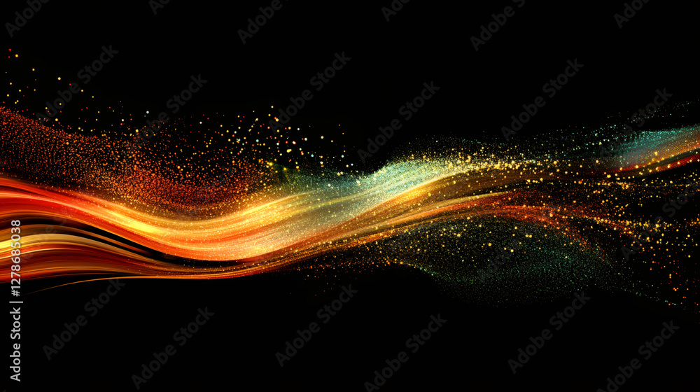 Poster Colorful abstract wave flowing on black background with glitter particles creating a magical and festive atmosphere