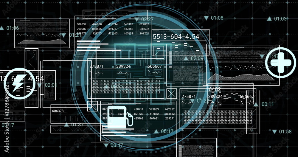 Aufkleber image of scope scanning with icons and data processing on black background