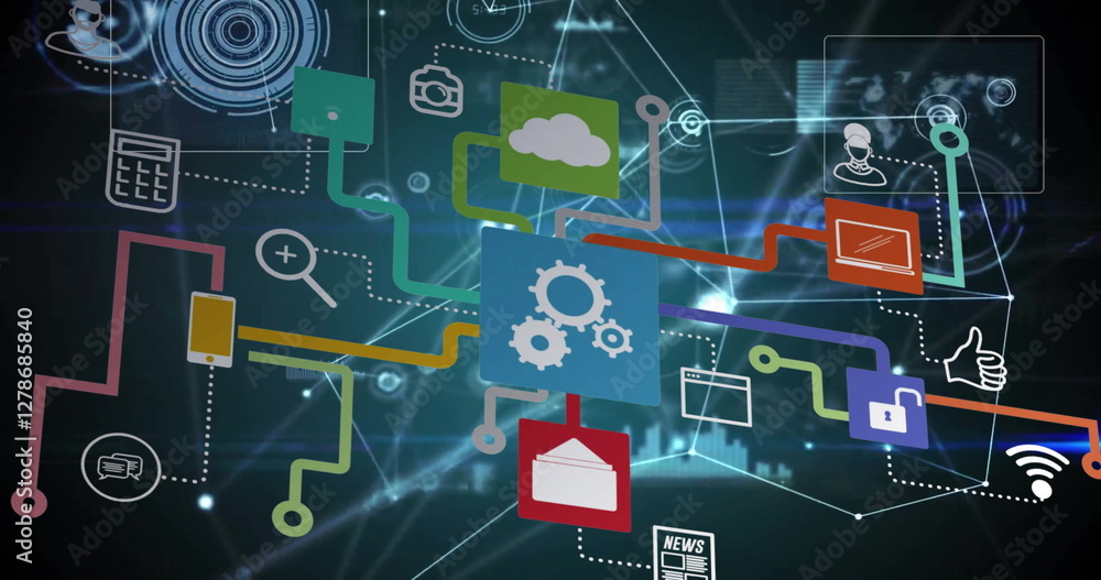 Poster image of cloud, cogs and icons over network of connections on dark background