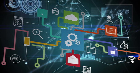Image of cloud, cogs and icons over network of connections on dark background