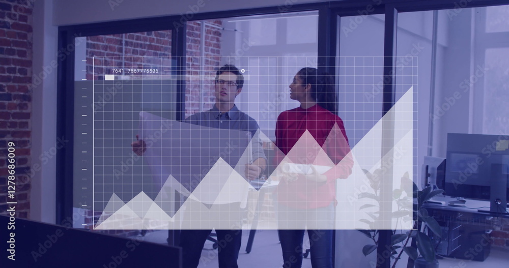 Poster image of financial data processing over diverse colleagues discussing work in office