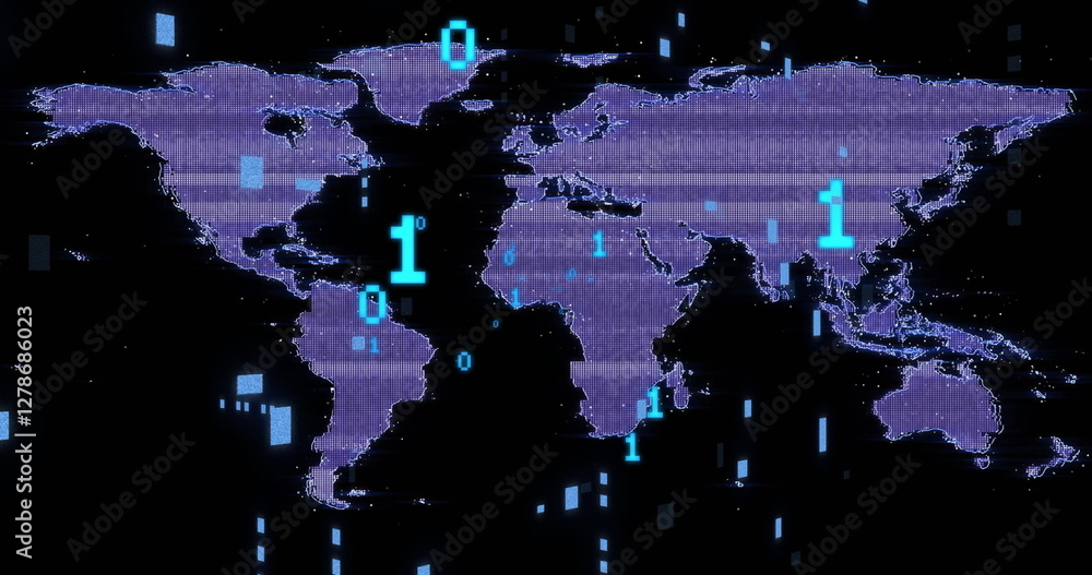 Poster image of data processing over world map on black background
