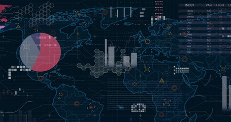 Image of statistics and financial data processing over black background