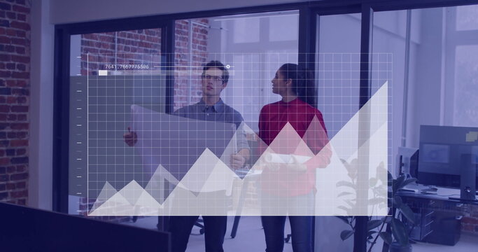 Image of financial data processing over diverse colleagues discussing work in office