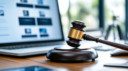 Wooden Gavel and Laptop on Desk