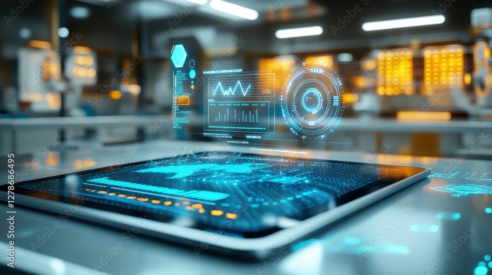Poster a futuristic tablet displaying holographic data and analytics in a high-tech laboratory environment.