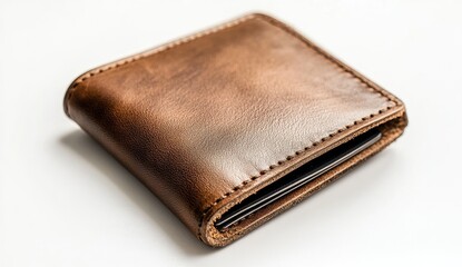 Brown leather wallet on white background, displaying details and texture
