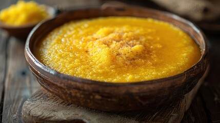 A bowl of creamy yellow polenta, garnished and served as a comforting dish.