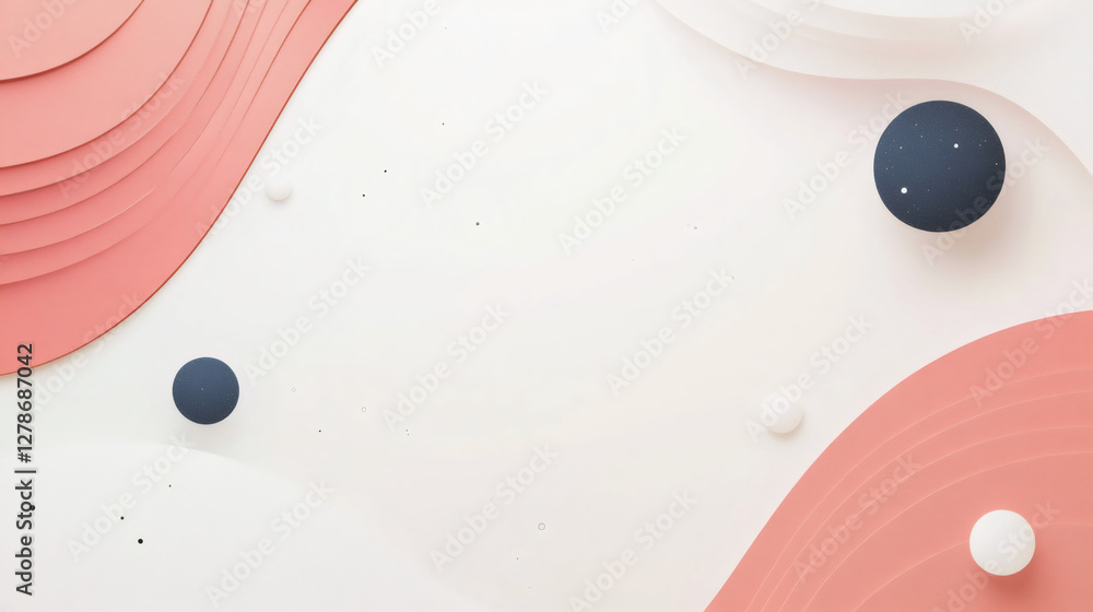 Aufkleber coral paper cutouts and contrasting spheres floating against minimalist white backdrop, creating geo