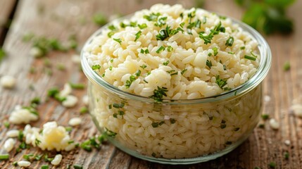 A bowl of fluffy rice garnished with chopped herbs on a wooden surface.