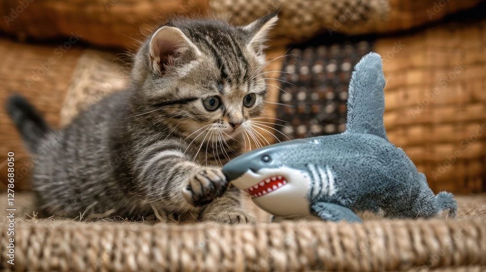 Poster a playful kitten interacts with a toy shark on a textured surface.