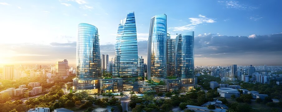 Fototapeta A futuristic perspective of Bangalore's modern cityscape, with glass buildings and smart city technology visible across the skyline