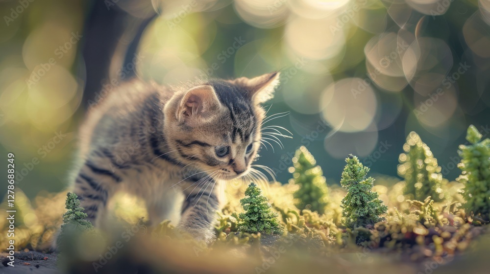 Poster a playful kitten exploring a lush, green environment with soft bokeh in the background.