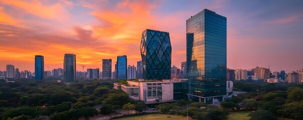 A shot of the Bangalore business district at sunset, with the sky reflecting warm orange and pink hues against the modern buildings of the city