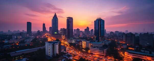 A vibrant, early morning shot of Bangalore's business district, with the rising sun casting a warm glow over the sleek office towers and busy roads