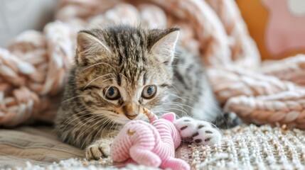 A playful kitten interacts with a soft toy on a cozy blanket.