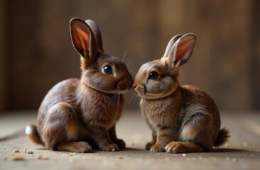 Two adorable rabbits, one brown and one golden, sitting close together on a wooden surface with a dark brown background