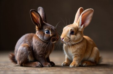 Two adorable rabbits, one brown and one golden, sitting close together on a wooden surface with a dark brown background
