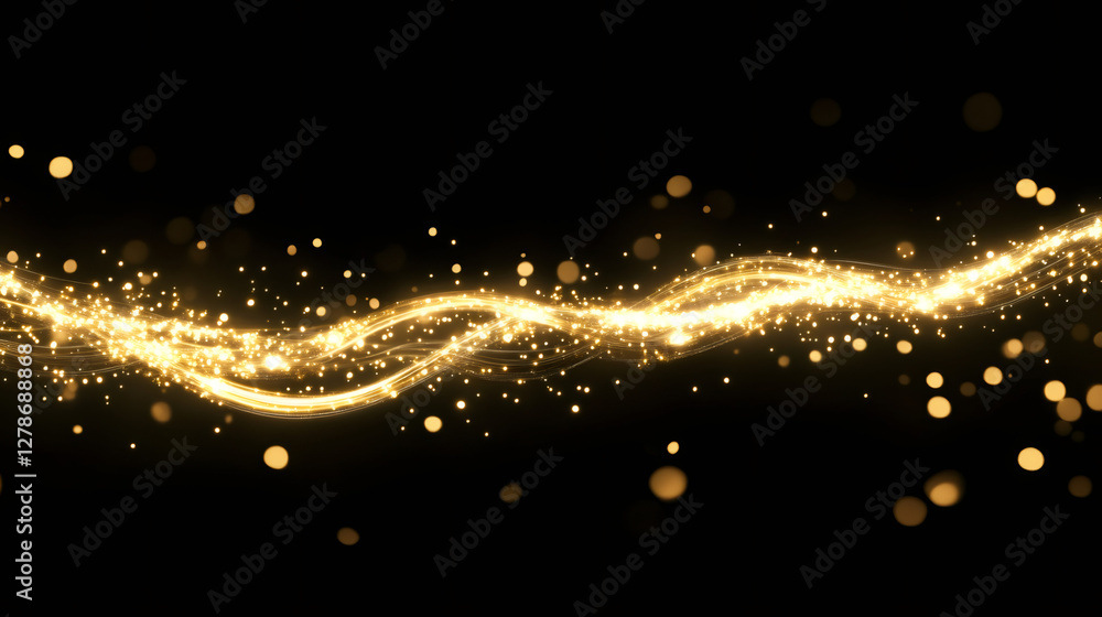 Poster golden glittering wave cascading across dark surface, sparkling with dynamic energy motion