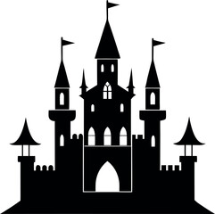 Obraz premium Black Castle Silhouette Minimalist Vector Illustration | Simple Icon for Fortress, Kingdom, Medieval Architecture, and Royalty Design Elements