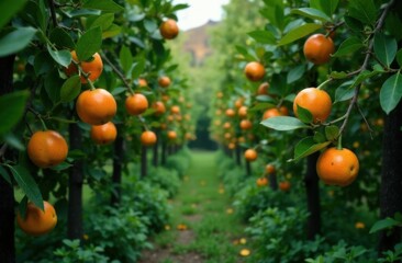 Orange grove with ripe fruits on trees, green leaves, and a sunny pathway leading into the orchard
