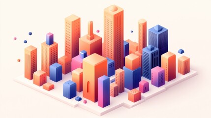 Isometric city skyline illustration with colorful buildings.