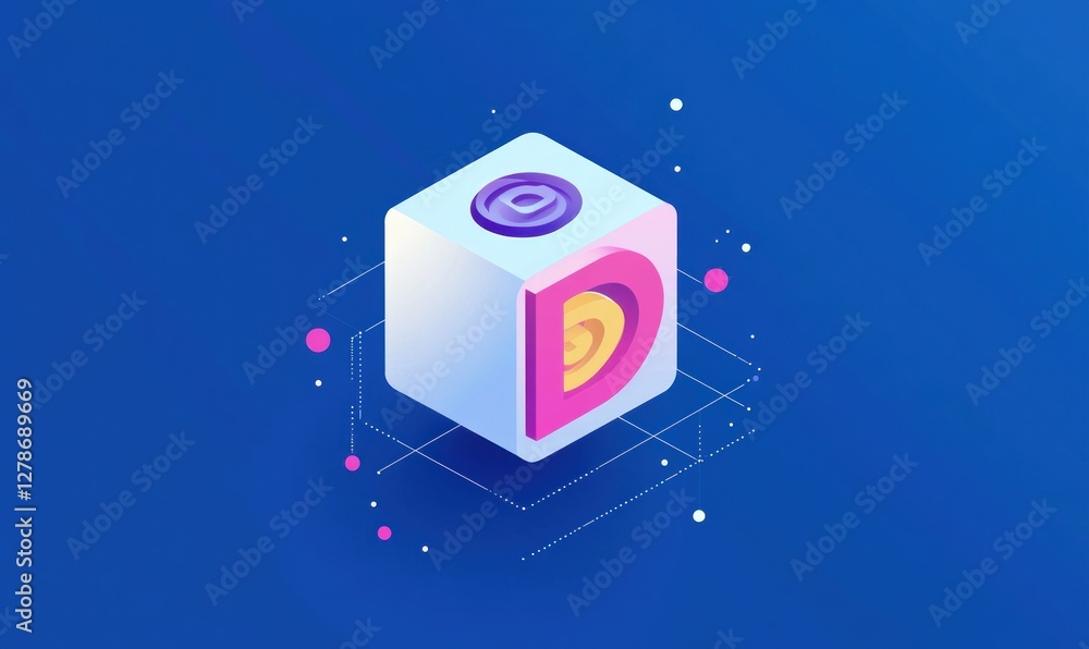 Poster isometric cube with email and data icon.