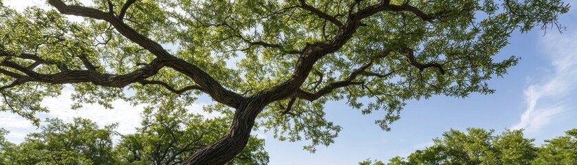 Obraz premium Majestic Tree Branches Against a Clear Blue Sky in a Lush Green Landscape of Summer Serenity