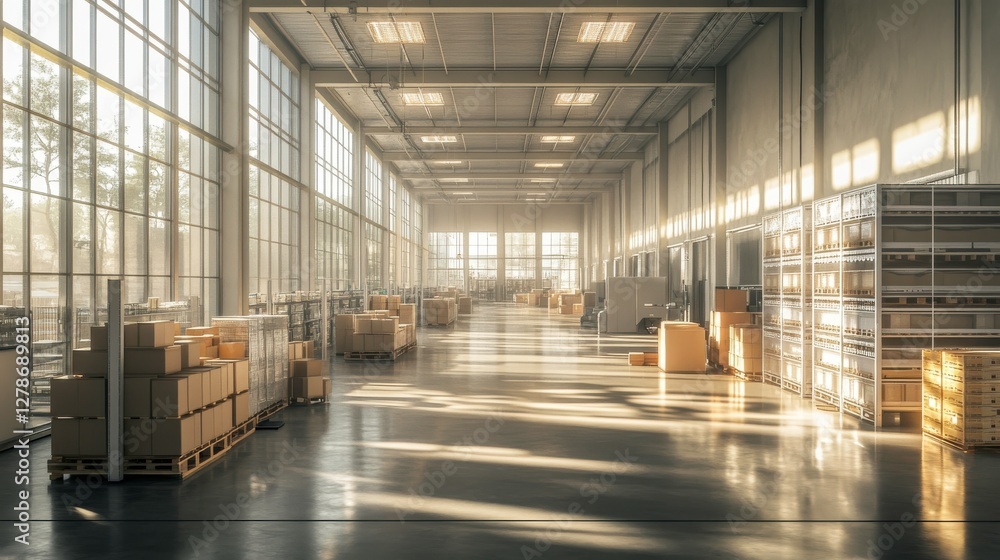 Poster a spacious warehouse filled with stacked boxes, illuminated by sunlight streaming through large wind