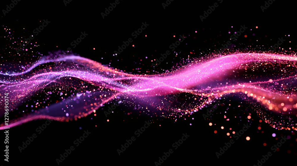 Aufkleber Sparkling pink and purple particle waves swirling dynamically over dark background, generating mesmerizing abstract motion effect