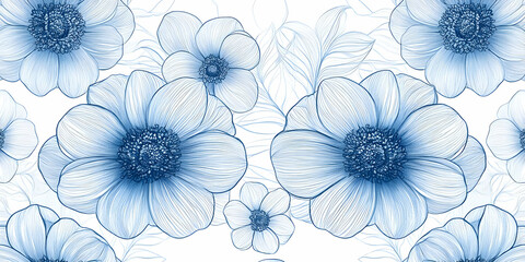 Blue Floral Illustration Seamless Pattern