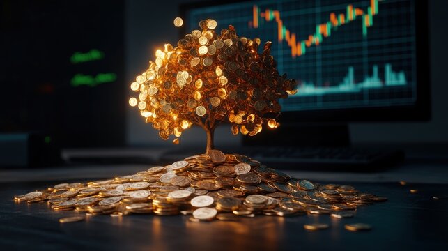 Surreal transformation of gold coins into tree with financial growth concept