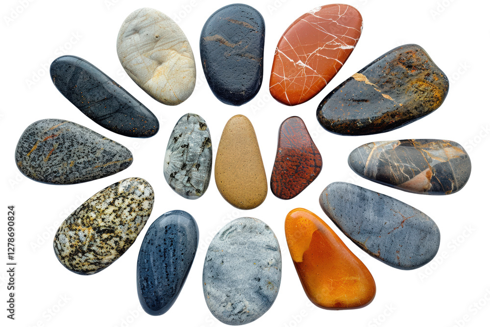 Poster colorful and varied collection of natural stones arranged in a circular pattern on a white backgroun