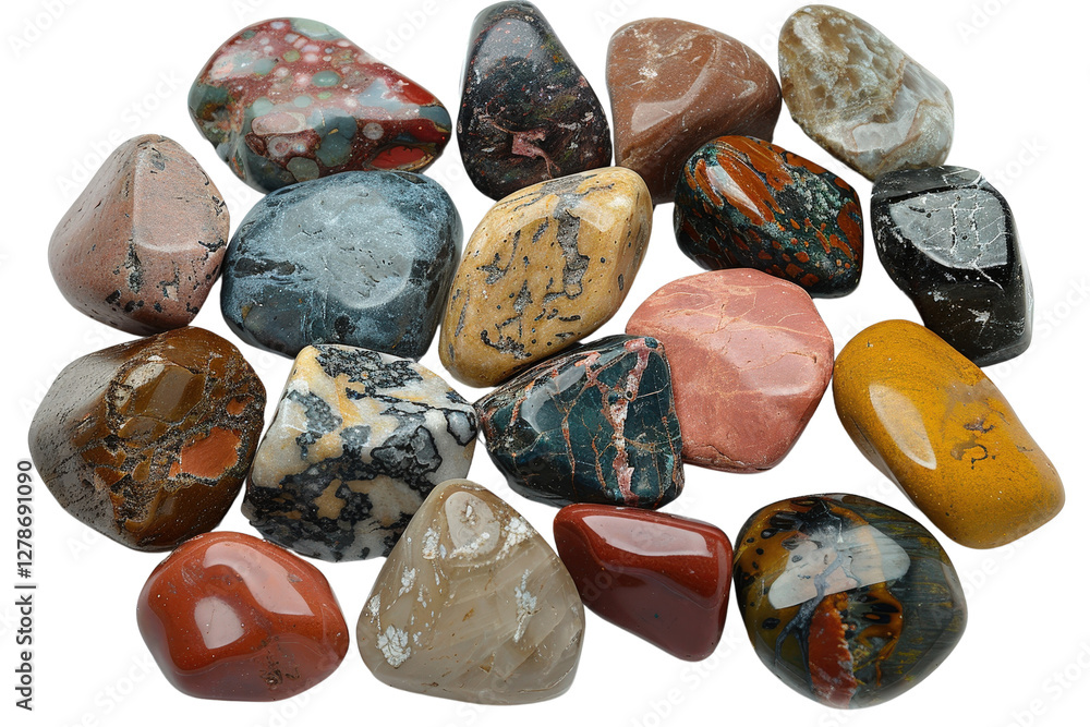Poster a variety of colorful natural stones displaying unique patterns and textures on a white background