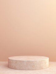 Neutral display pedestal or platform. Warm, tan backdrop. Space for product showcase, presentation