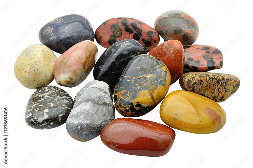 Poster a collection of smooth polished stones in various colors and patterns on a white surface for natural
