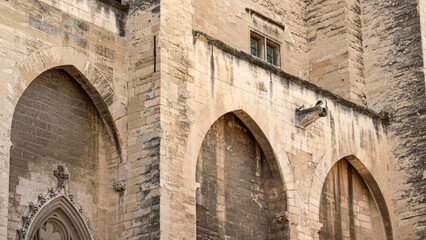 Gothic archs and gargoyles on the Palais des Papes in Avignon, France