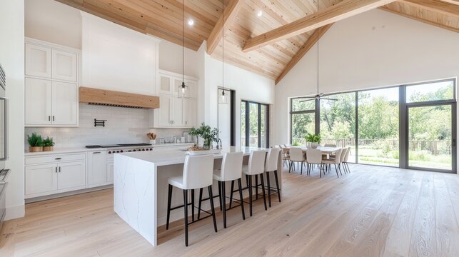 Modern kitchen, dining area, high ceilings, wood beams, natural light, open-plan home design, real estate listing