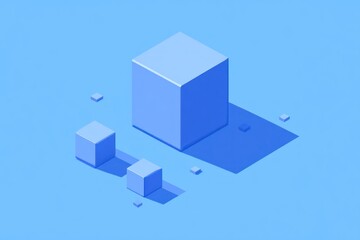 Obraz premium Isometric view of blue cubes, large and small, casting shadows on a light blue background.