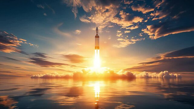 Rocket launch at sunrise over ocean stunning visuals cosmic exploration serene atmosphere