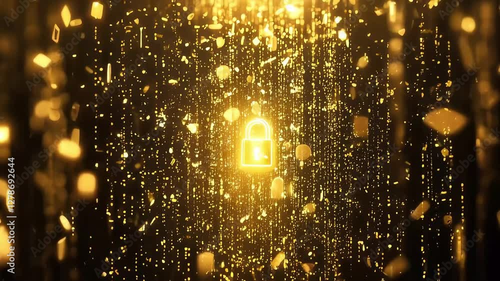Poster abstract data stream converging into hqscale lock icon digital environment motion graphic