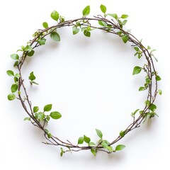 Fototapeta premium Round wreath of green leaves and twigs on white background. Suitable for nature, spring, or floral design projects