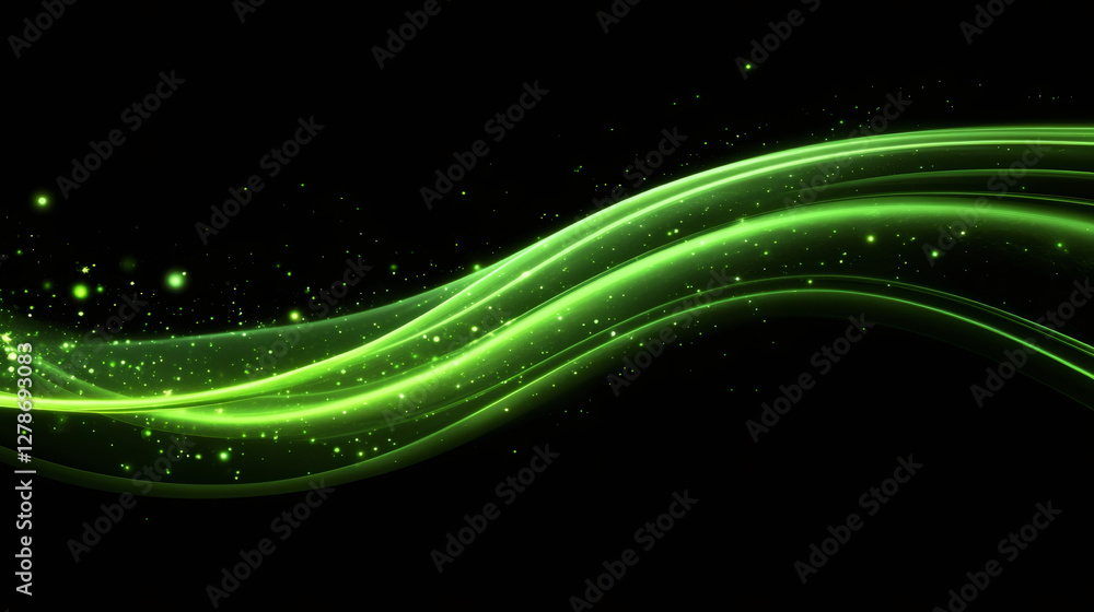 Leinwandbilder Green light trails flowing on black background with glowing particles creating an abstract and elegant composition