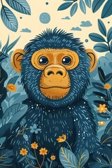 Fototapeta premium A whimsical illustration of a monkey surrounded by vibrant foliage and flowers.