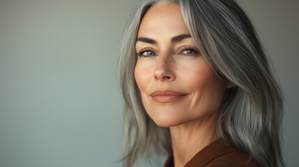 A woman with beautiful gray hair presents a serene expression while posing against a simple, neutral backdrop, radiating confidence