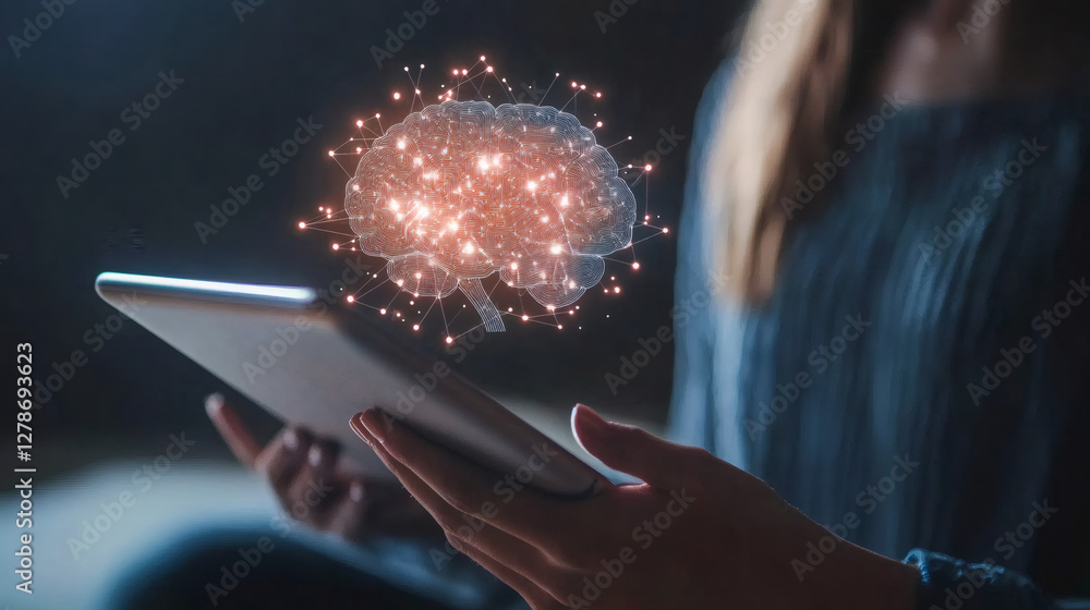 Poster female professional viewing digital brain hologram, illustrating advanced ai technology and neural n