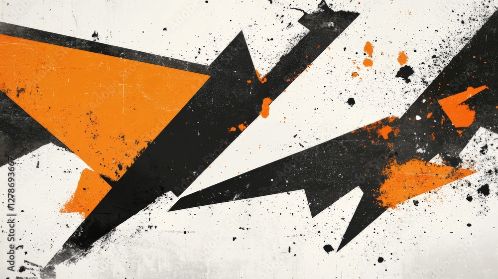 Poster abstract design featuring sharp black and orange shapes on a textured white background