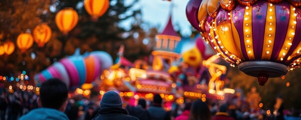 Naklejka premium Amusement park night, crowd enjoying illuminated rides, festive atmosphere